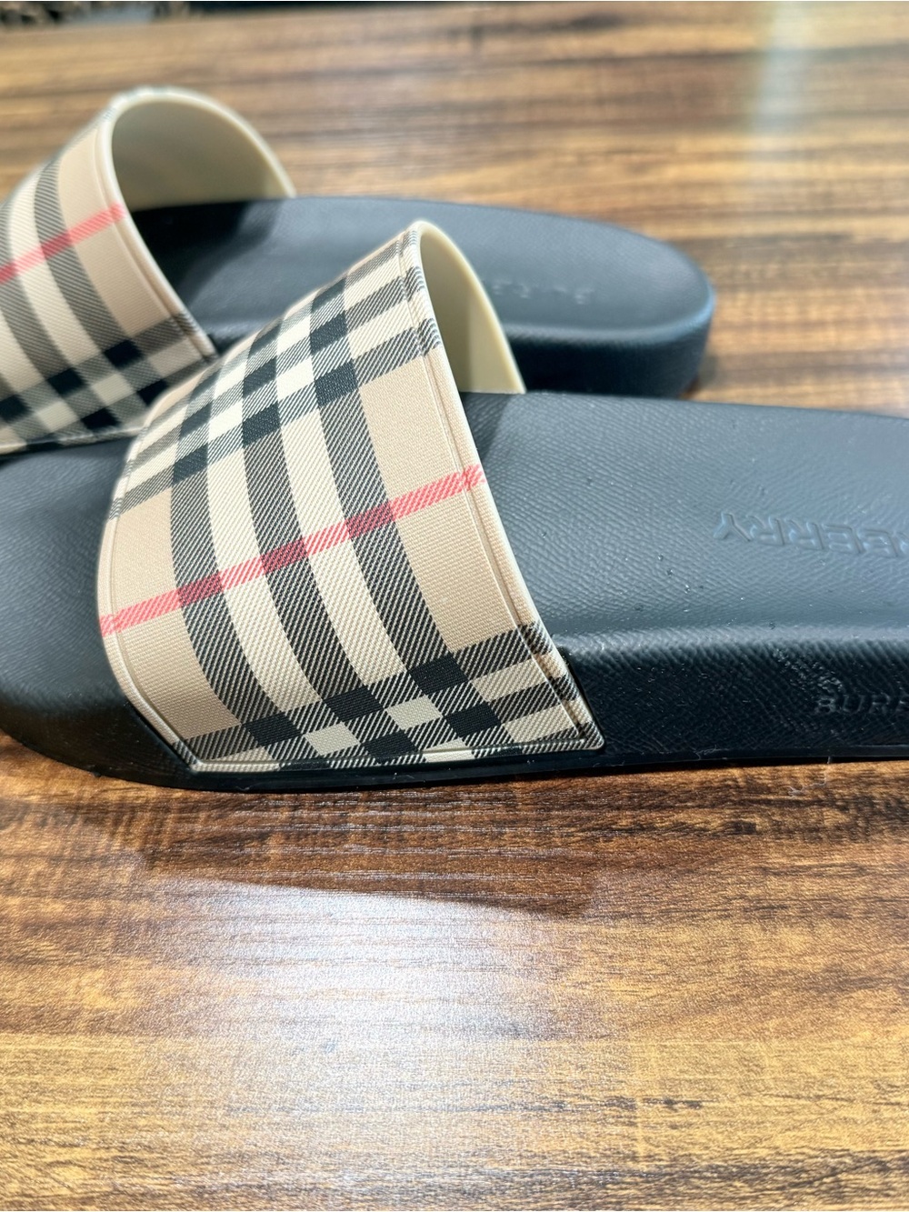 Burberry Plaid Slide Sandals in Beige and Black - Picture 2 of 9